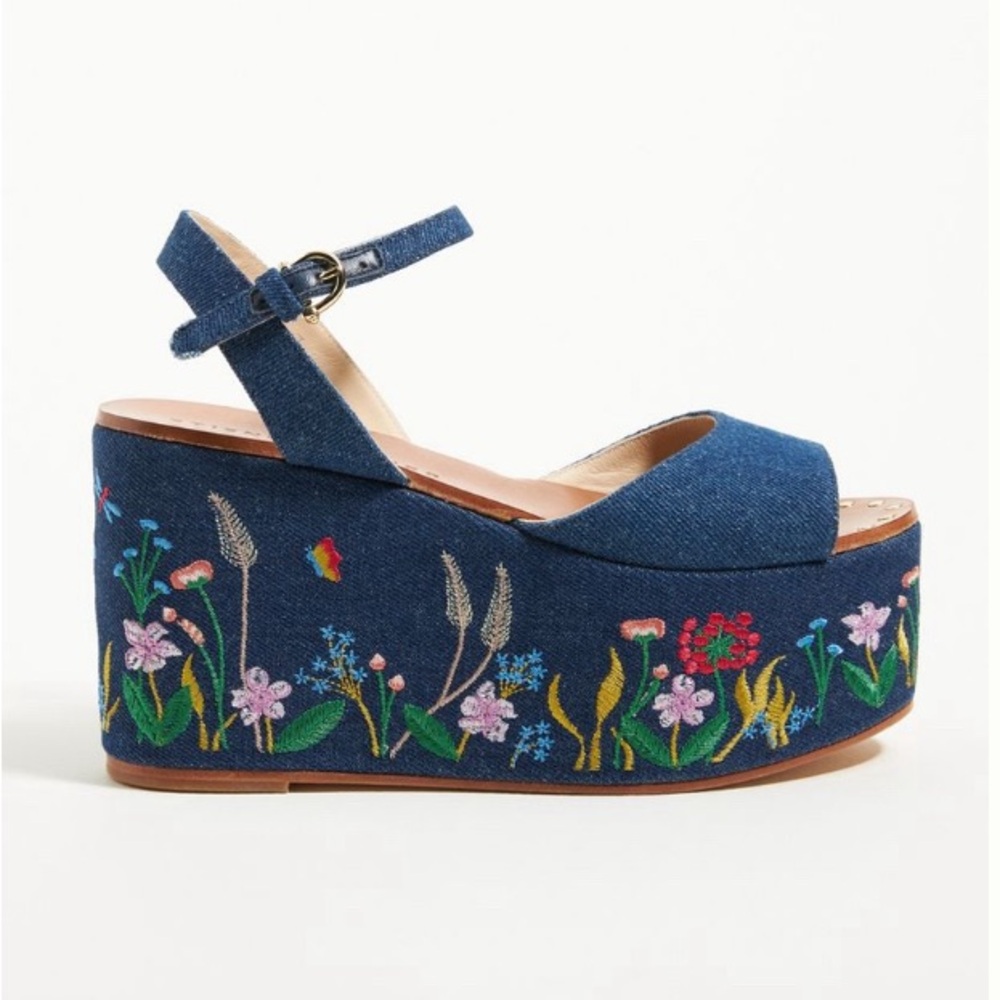 Denim floral platform sandals